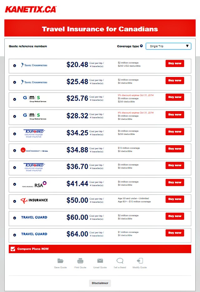 cost of travel insurance to canada