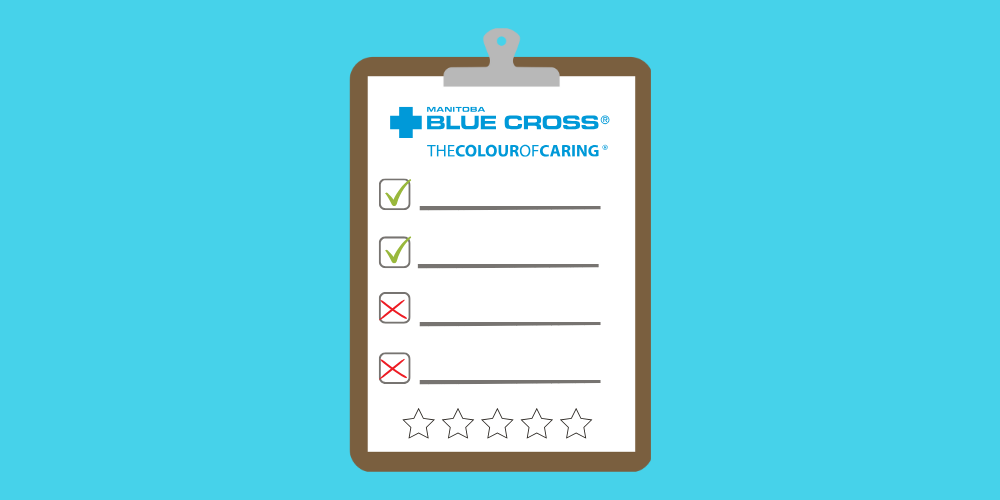 The Manitoba Blue Cross insurance logo on a review clipboard