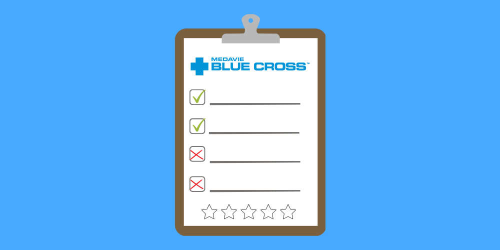 The Medavie Blue Cross insurance logo on a review clipboard.
